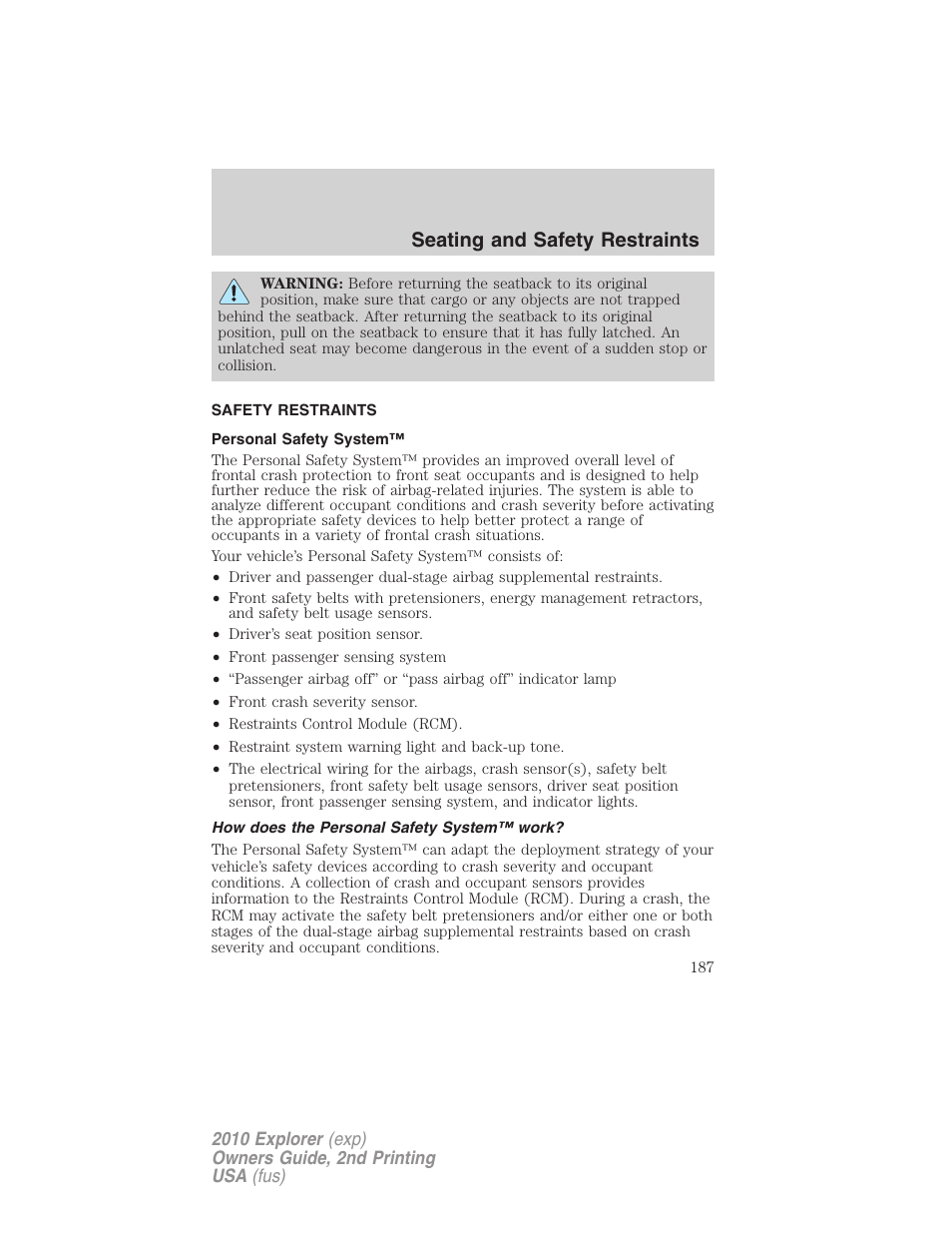 Safety restraints, Personal safety system, How does the personal safety system™ work | Seating and safety restraints | FORD 2010 Explorer v.2 User Manual | Page 187 / 406