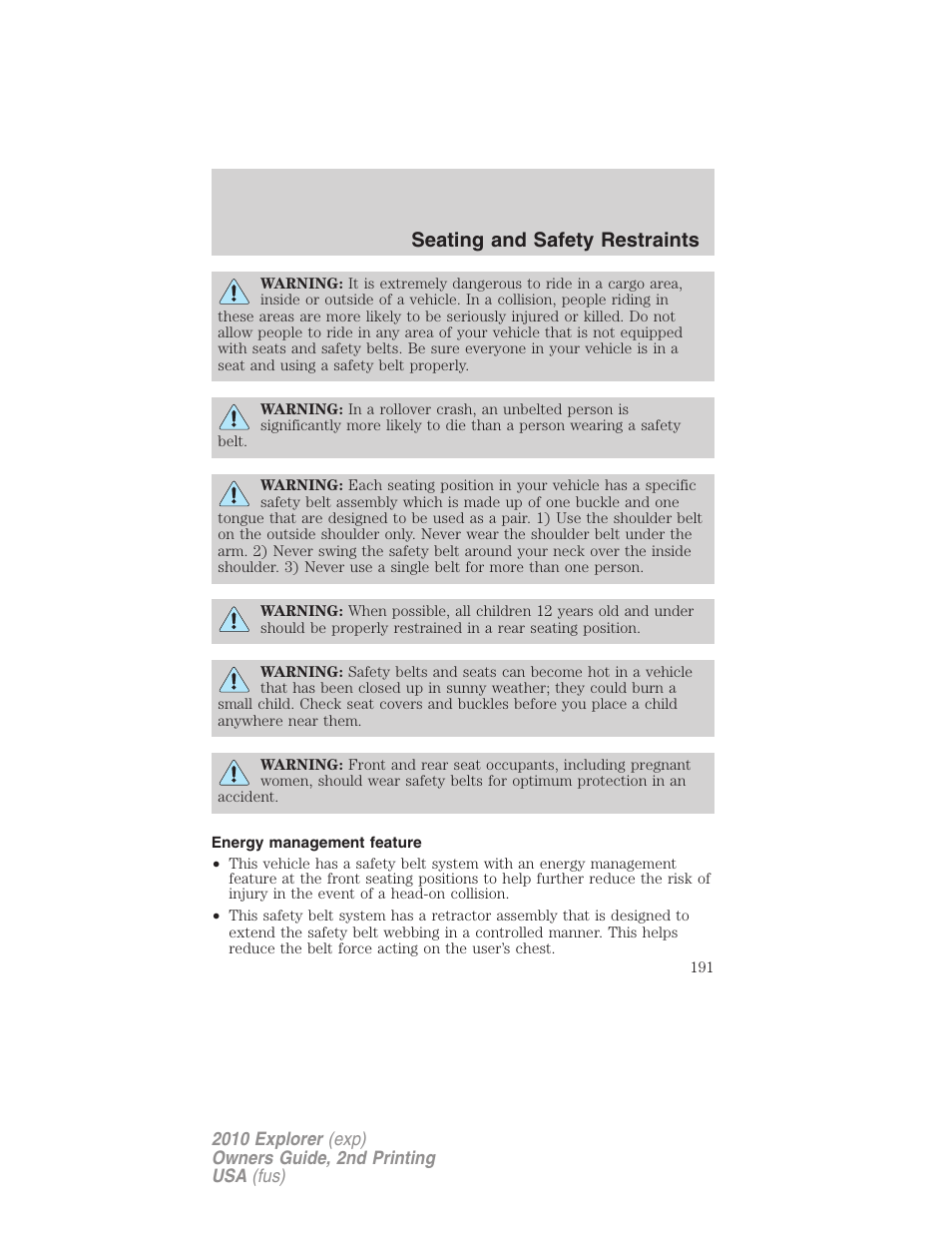 Energy management feature, Seating and safety restraints | FORD 2010 Explorer v.2 User Manual | Page 191 / 406