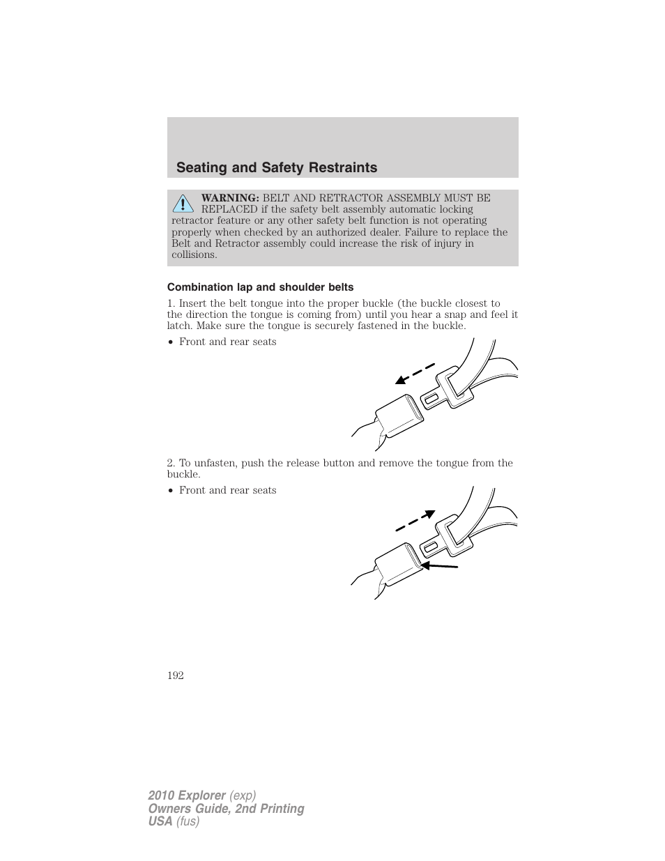 Combination lap and shoulder belts, Seating and safety restraints | FORD 2010 Explorer v.2 User Manual | Page 192 / 406