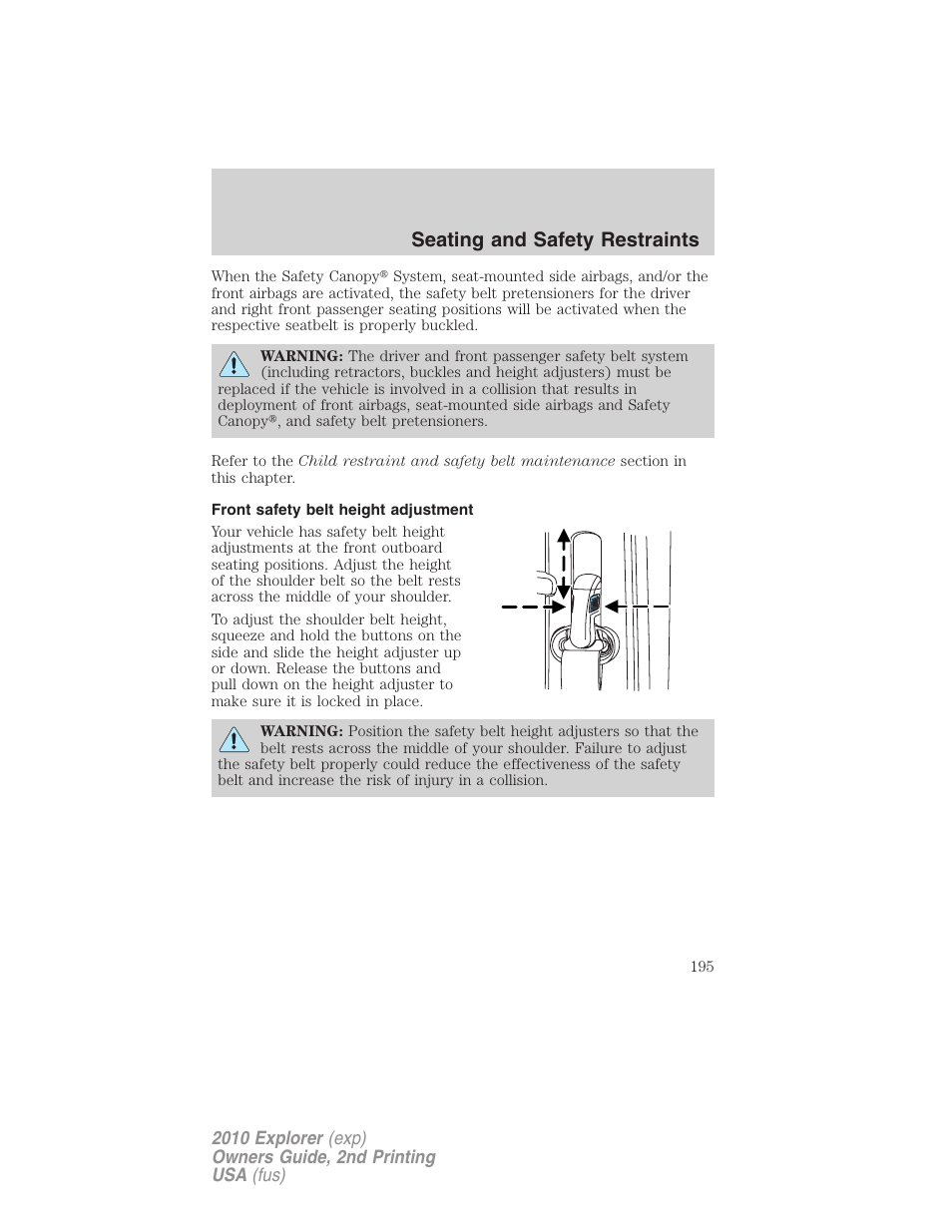 Front safety belt height adjustment, Seating and safety restraints | FORD 2010 Explorer v.2 User Manual | Page 195 / 406