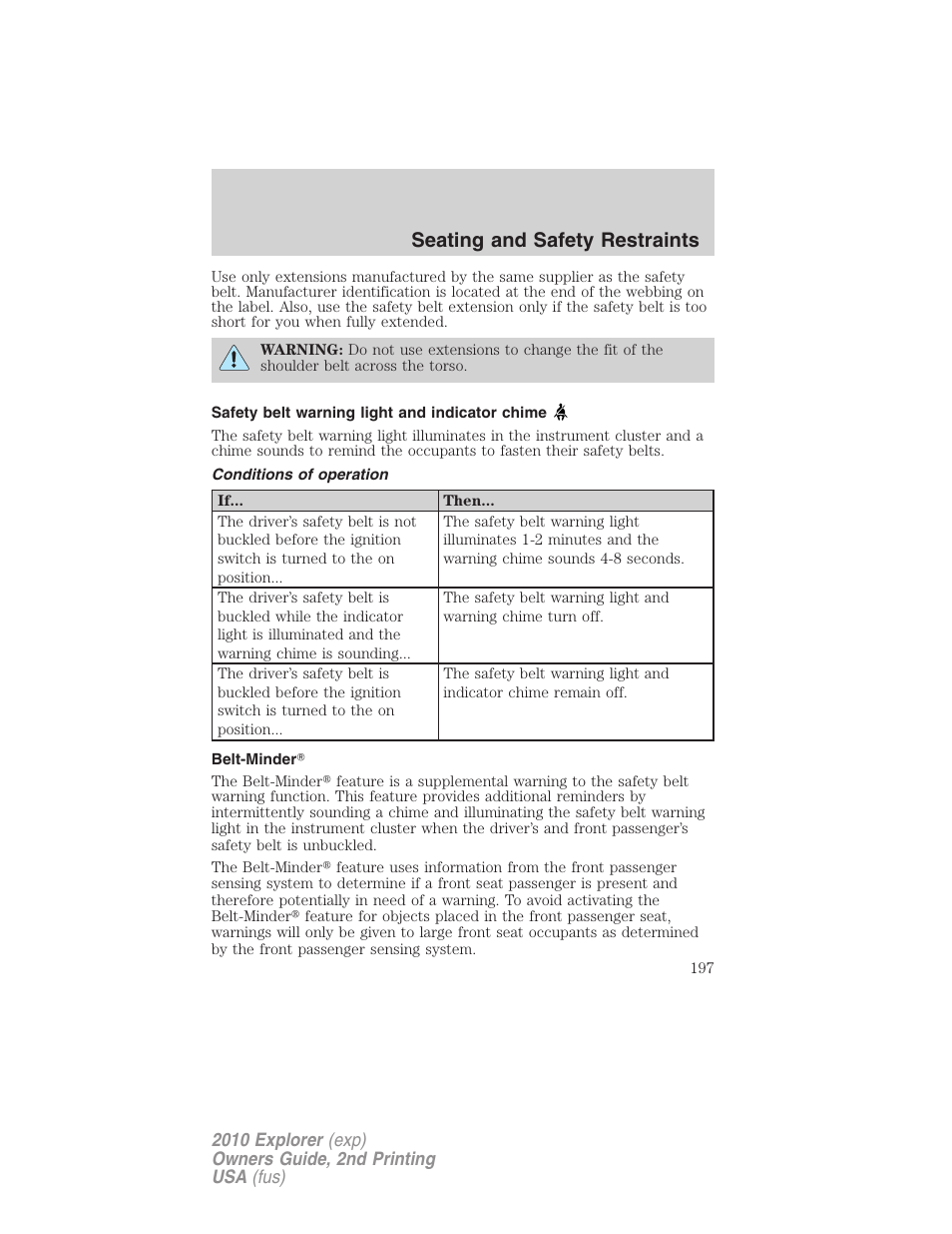 Safety belt warning light and indicator chime, Conditions of operation, Belt-minder | Seating and safety restraints | FORD 2010 Explorer v.2 User Manual | Page 197 / 406