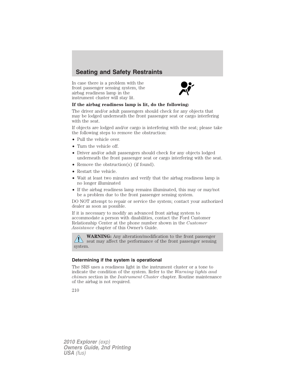 Determining if the system is operational, Seating and safety restraints | FORD 2010 Explorer v.2 User Manual | Page 210 / 406