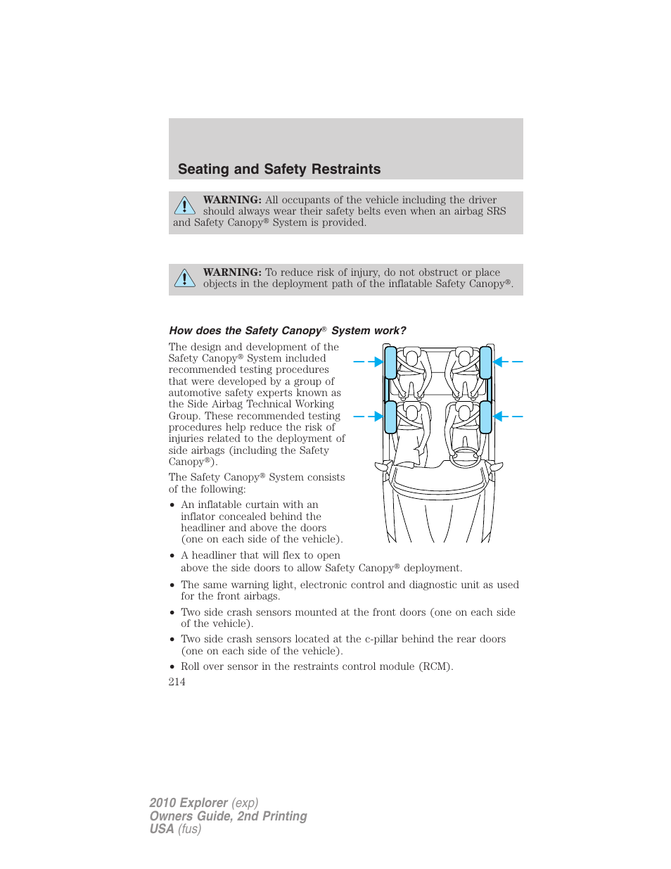 How does the safety canopy system work, Seating and safety restraints | FORD 2010 Explorer v.2 User Manual | Page 214 / 406