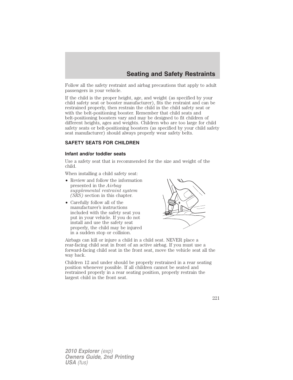 Safety seats for children, Infant and/or toddler seats, Seating and safety restraints | FORD 2010 Explorer v.2 User Manual | Page 221 / 406