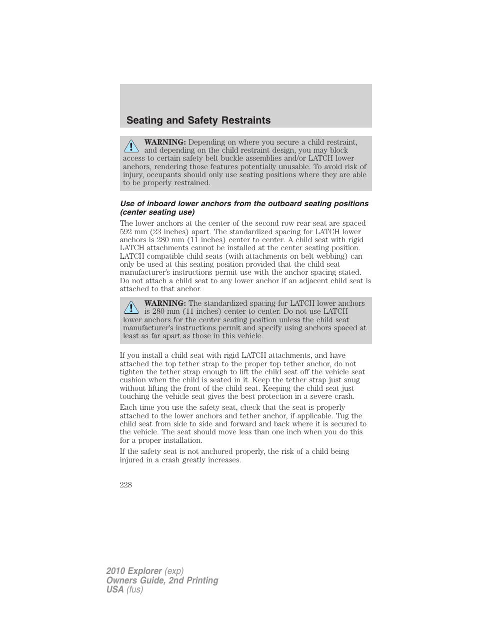 Seating and safety restraints | FORD 2010 Explorer v.2 User Manual | Page 228 / 406