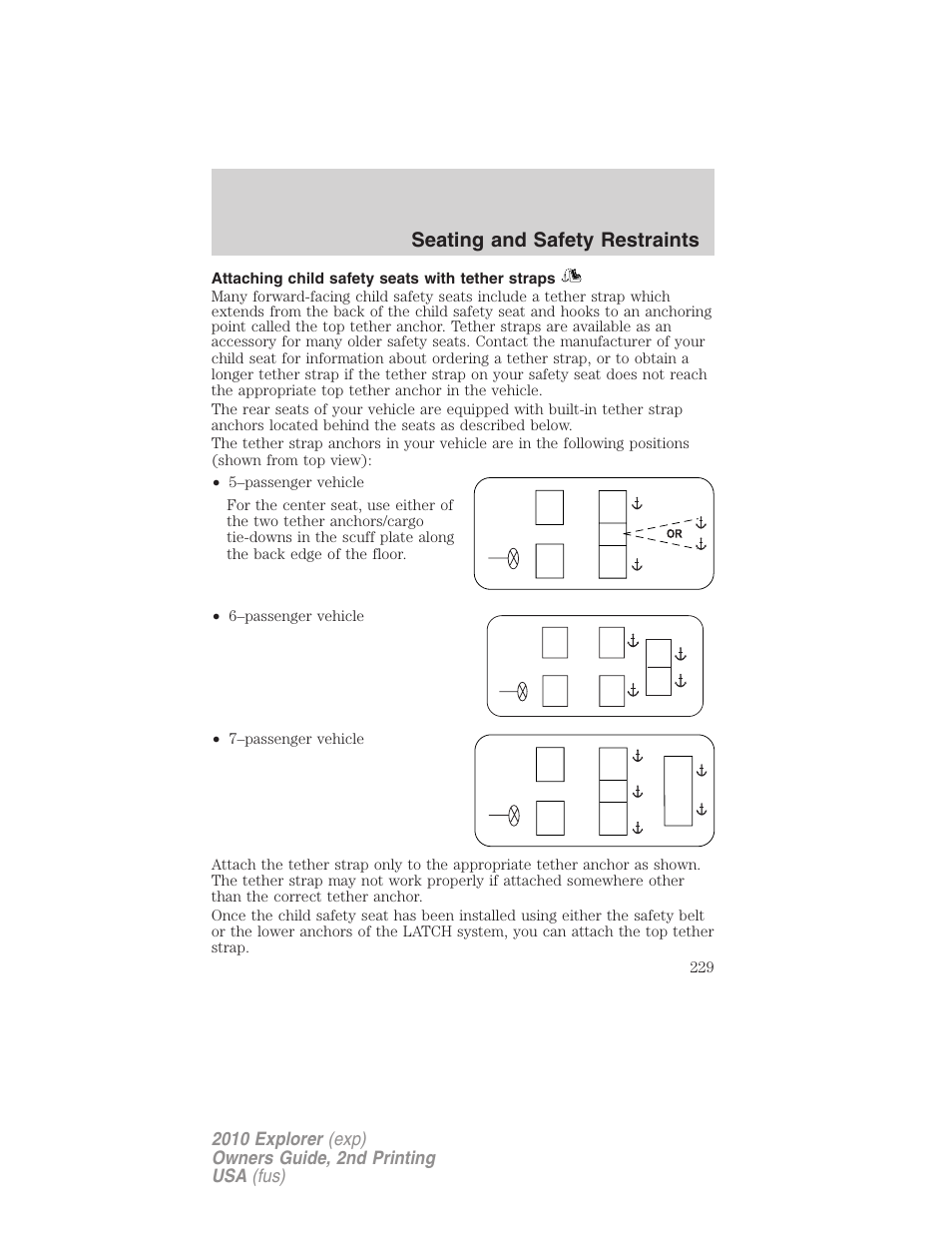 Attaching child safety seats with tether straps, Seating and safety restraints | FORD 2010 Explorer v.2 User Manual | Page 229 / 406