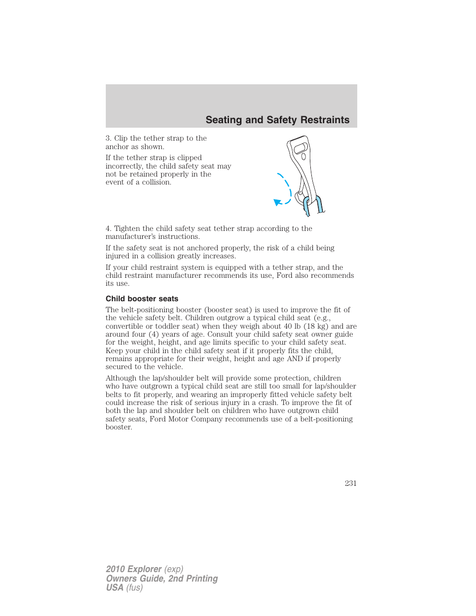 Child booster seats, Seating and safety restraints | FORD 2010 Explorer v.2 User Manual | Page 231 / 406