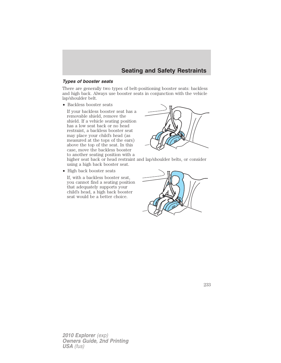 Types of booster seats, Seating and safety restraints | FORD 2010 Explorer v.2 User Manual | Page 233 / 406