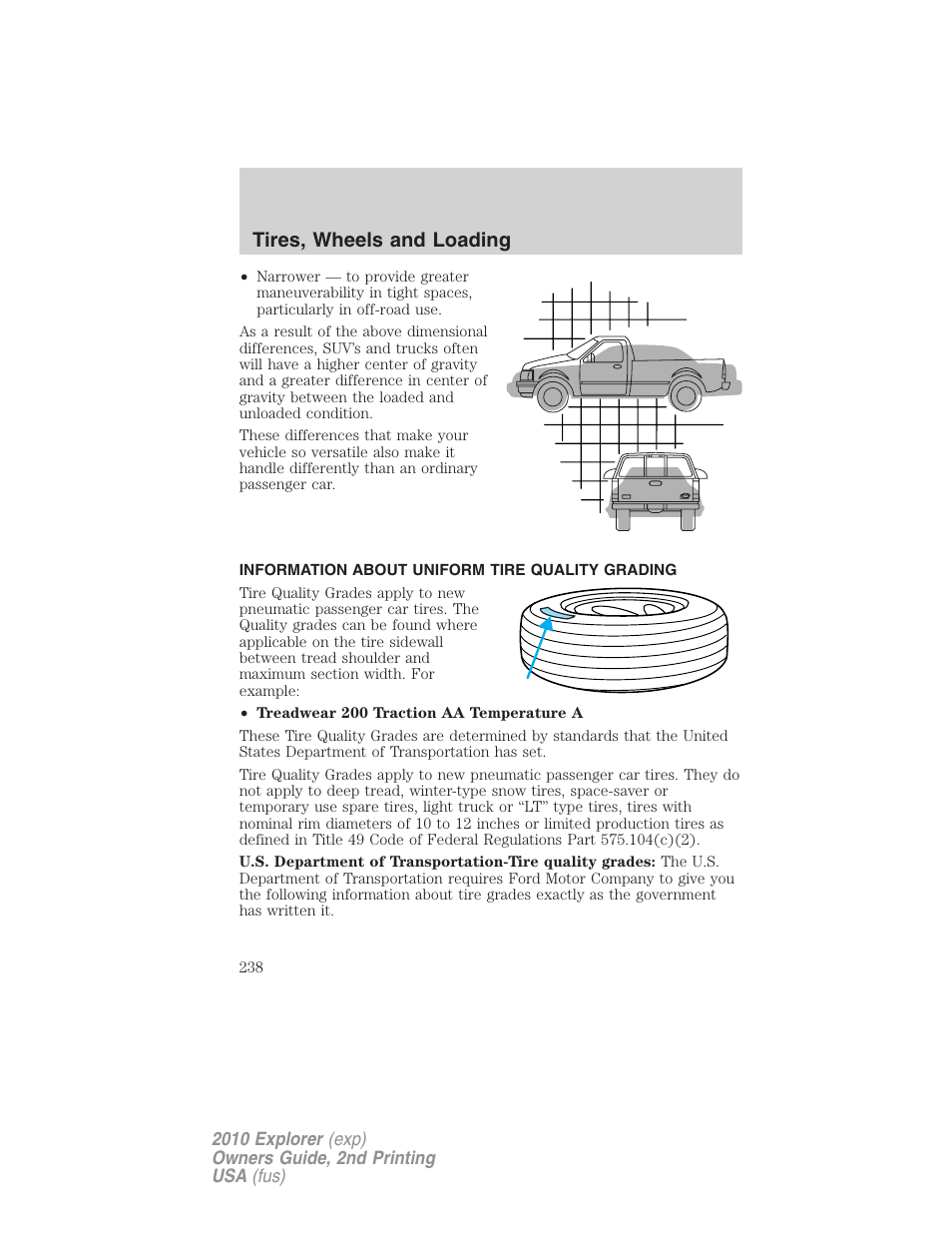 Information about uniform tire quality grading, Tire information, Tires, wheels and loading | FORD 2010 Explorer v.2 User Manual | Page 238 / 406