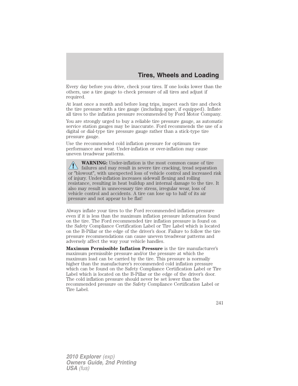 Tires, wheels and loading | FORD 2010 Explorer v.2 User Manual | Page 241 / 406