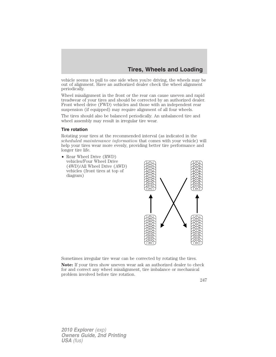 Tire rotation, Tires, wheels and loading | FORD 2010 Explorer v.2 User Manual | Page 247 / 406