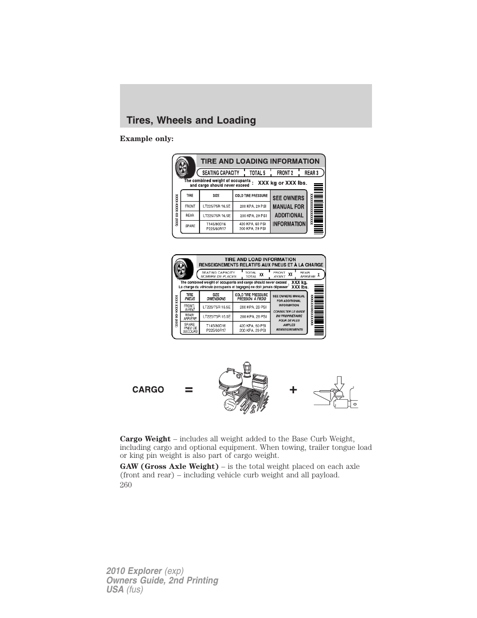 Tires, wheels and loading | FORD 2010 Explorer v.2 User Manual | Page 260 / 406