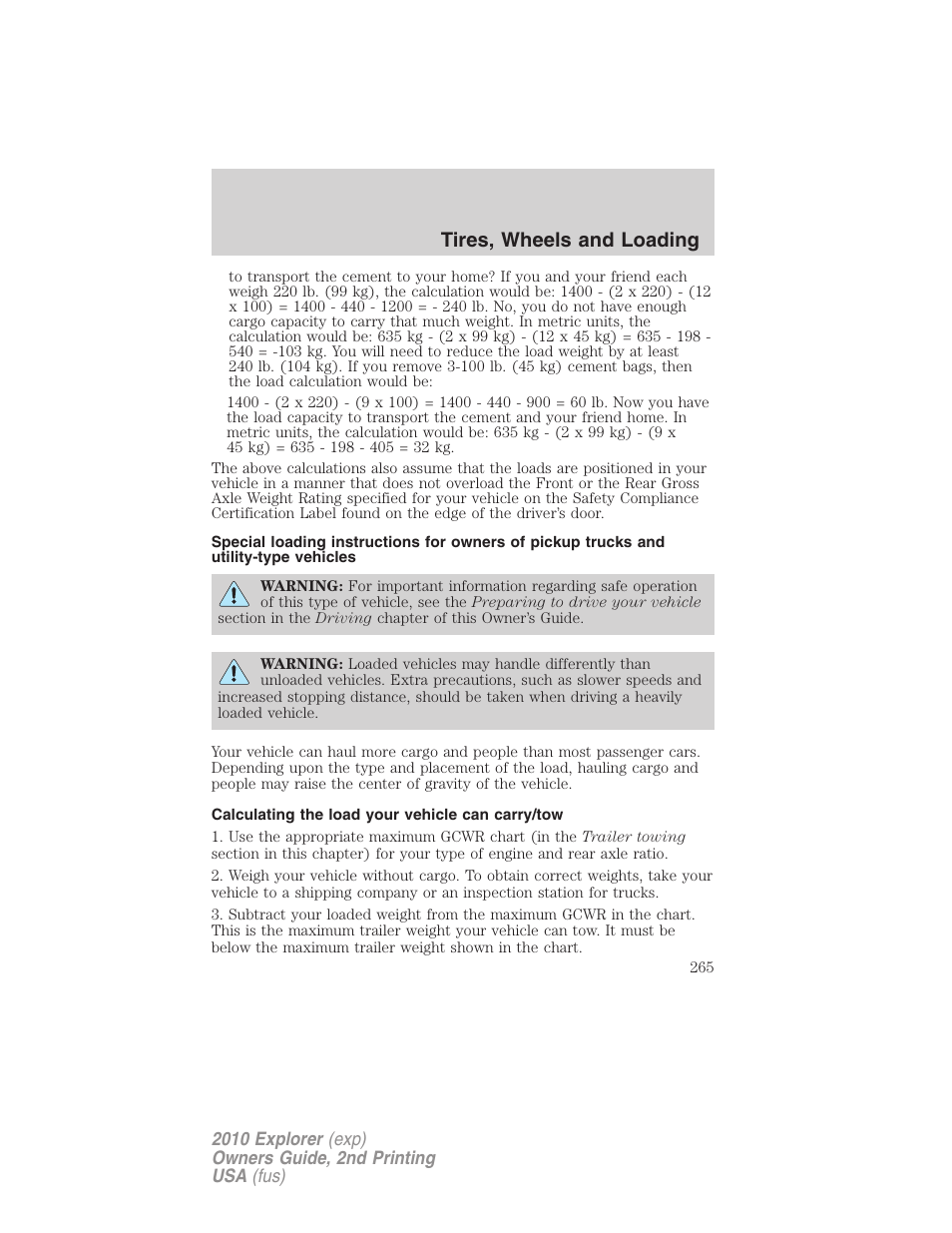 Calculating the load your vehicle can carry/tow, Tires, wheels and loading | FORD 2010 Explorer v.2 User Manual | Page 265 / 406