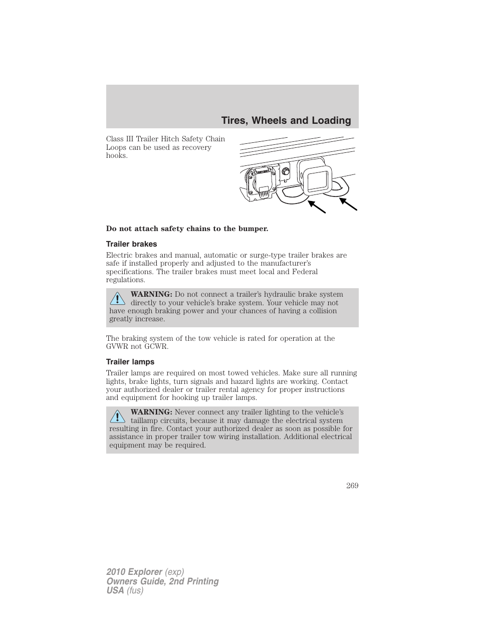 Trailer brakes, Trailer lamps, Tires, wheels and loading | FORD 2010 Explorer v.2 User Manual | Page 269 / 406