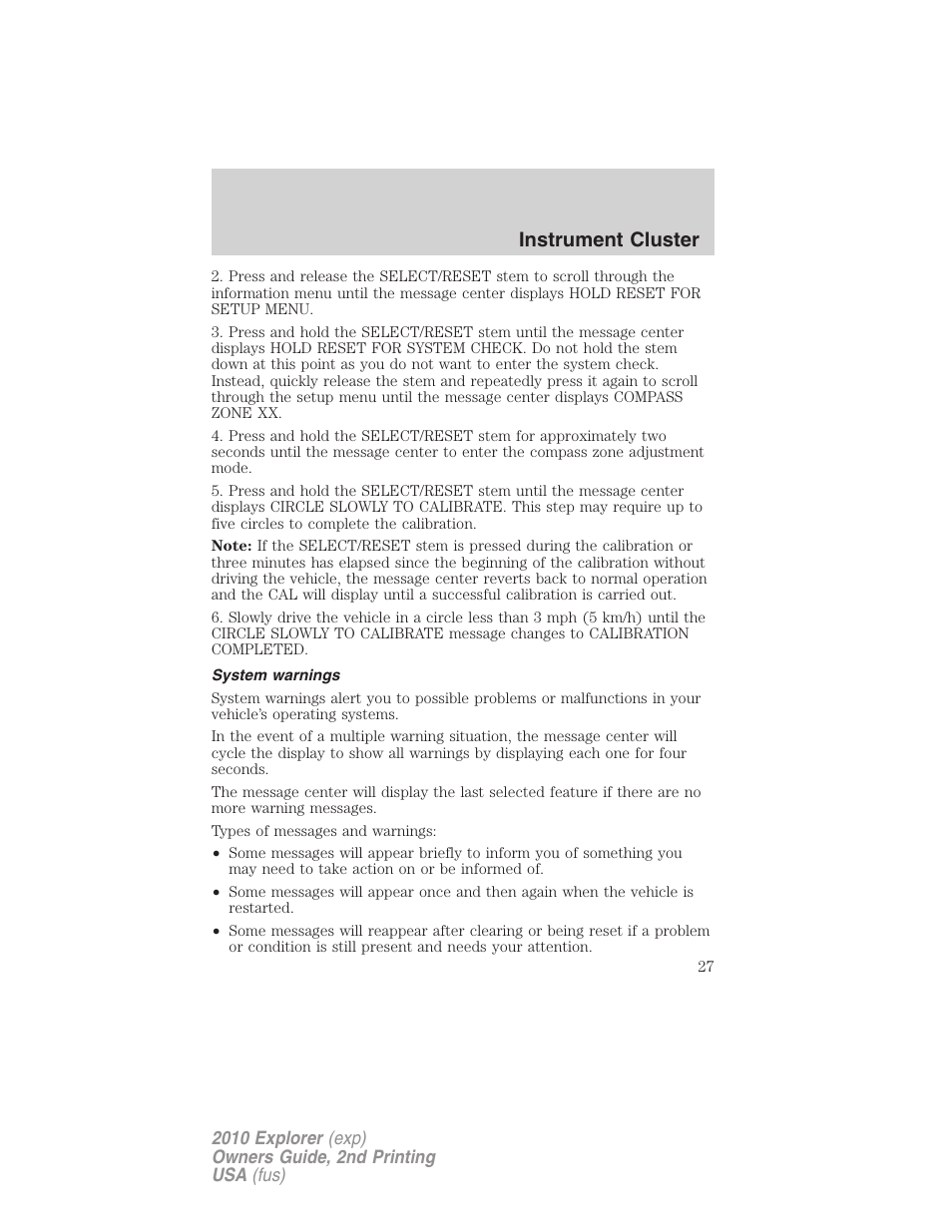 System warnings, Instrument cluster | FORD 2010 Explorer v.2 User Manual | Page 27 / 406