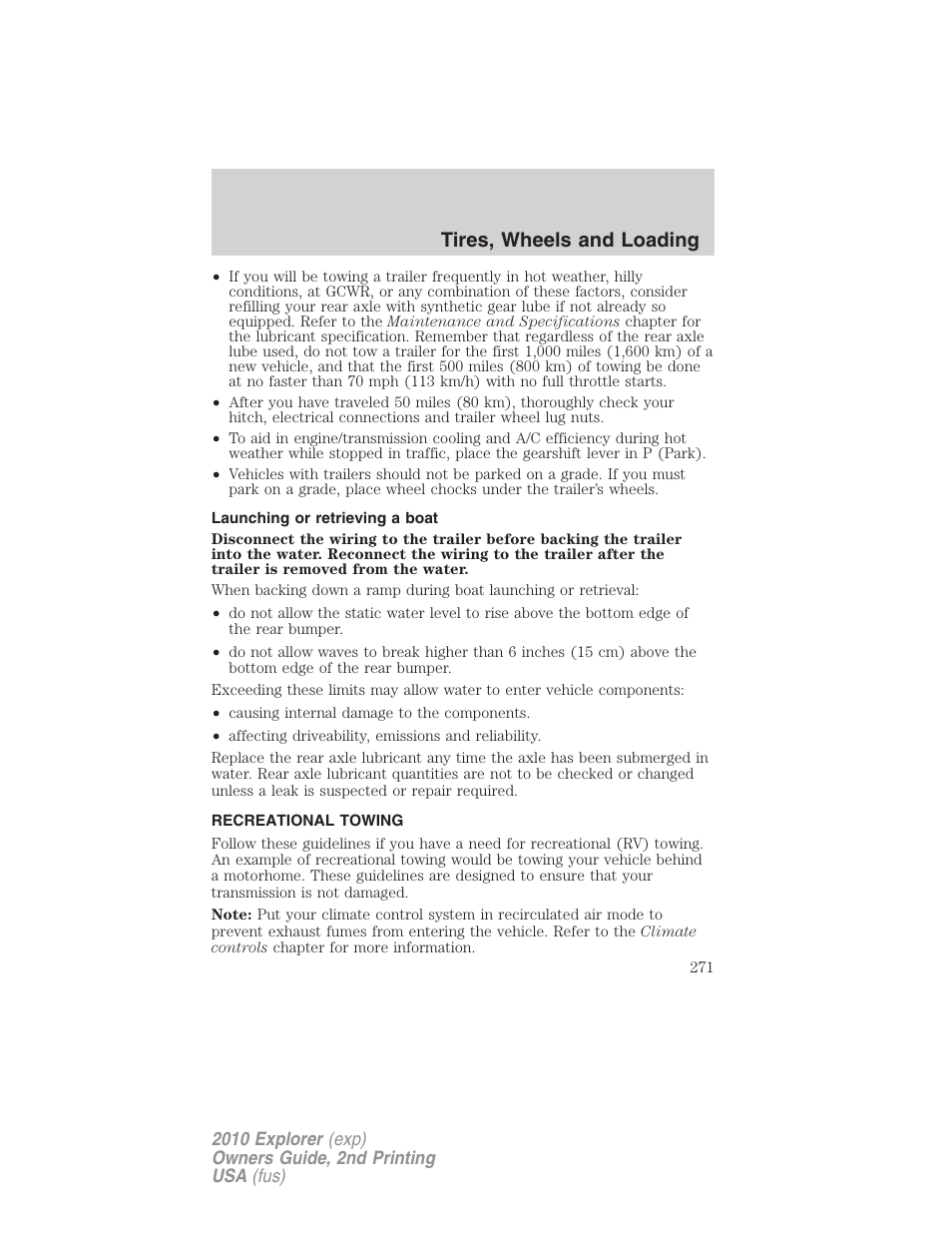 Launching or retrieving a boat, Recreational towing, Tires, wheels and loading | FORD 2010 Explorer v.2 User Manual | Page 271 / 406