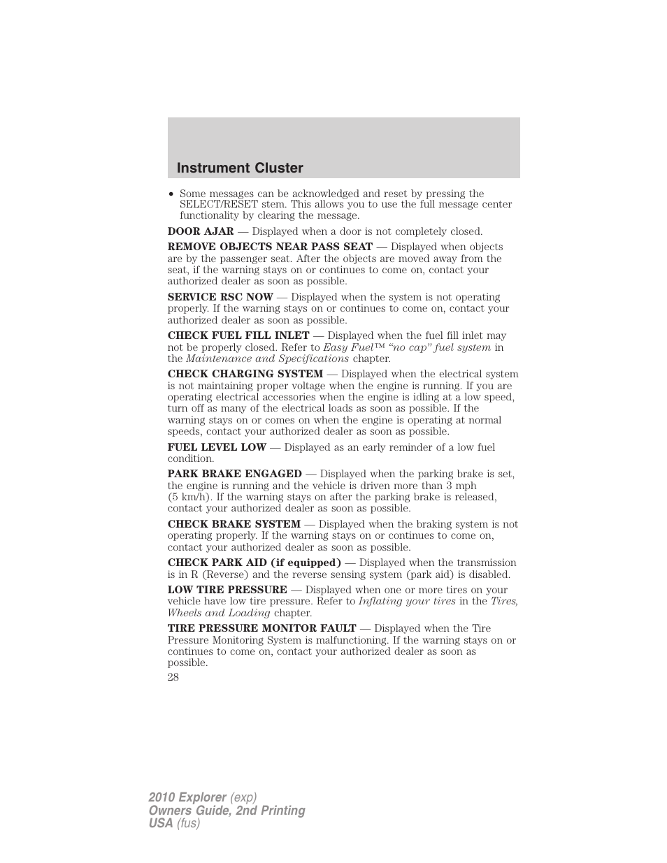 Instrument cluster | FORD 2010 Explorer v.2 User Manual | Page 28 / 406