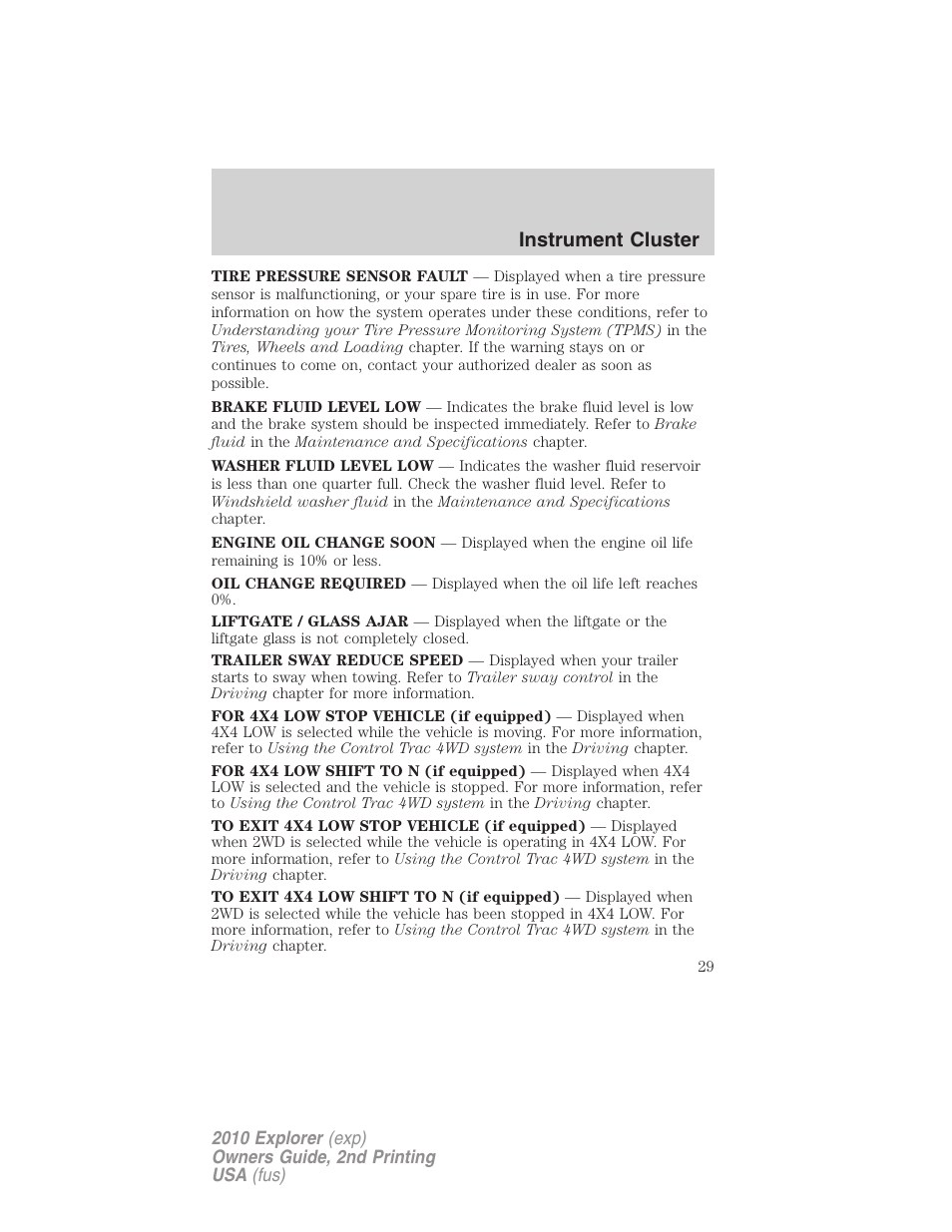 Instrument cluster | FORD 2010 Explorer v.2 User Manual | Page 29 / 406