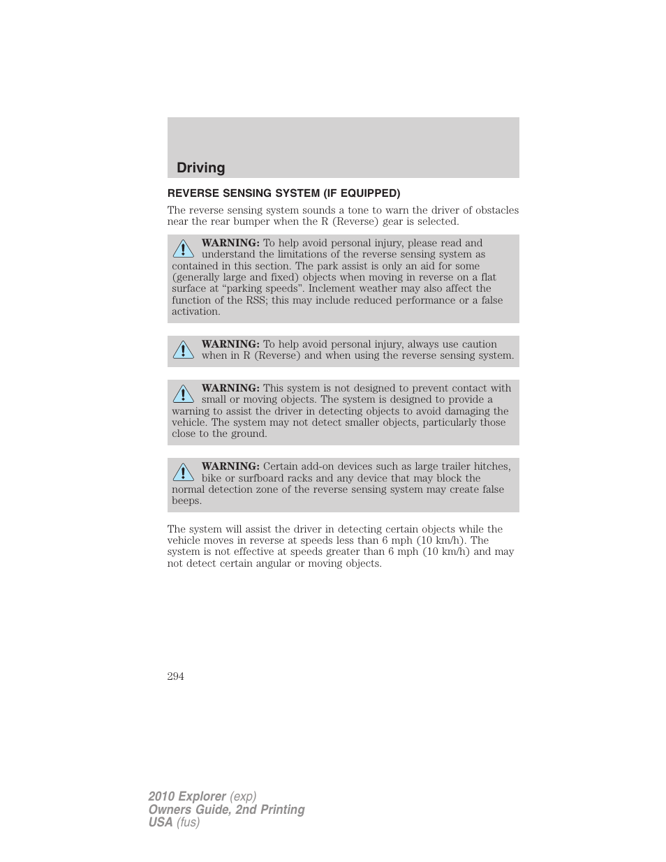 Reverse sensing system (if equipped), Reverse sensing system, Driving | FORD 2010 Explorer v.2 User Manual | Page 294 / 406