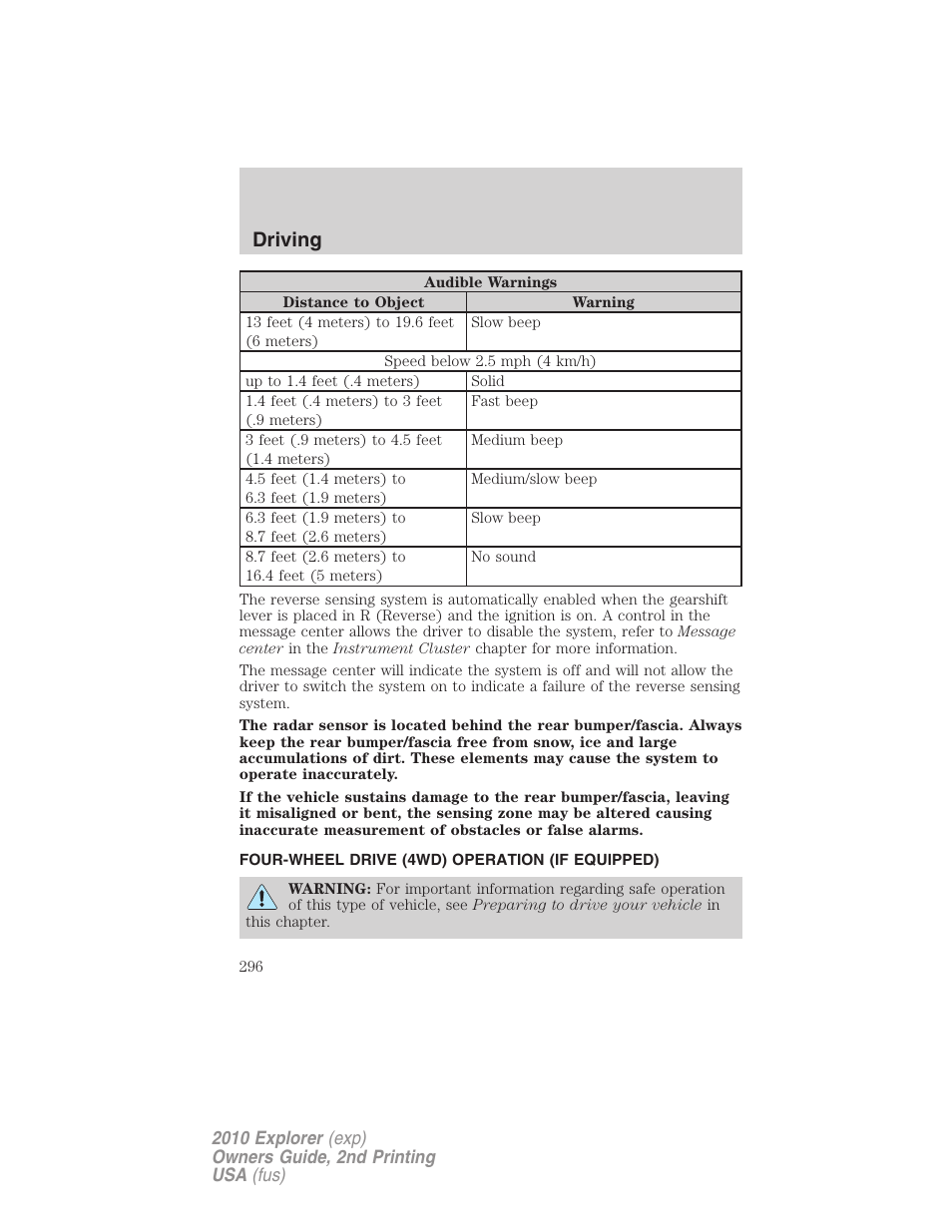 Four-wheel drive (4wd) operation (if equipped), Driving | FORD 2010 Explorer v.2 User Manual | Page 296 / 406