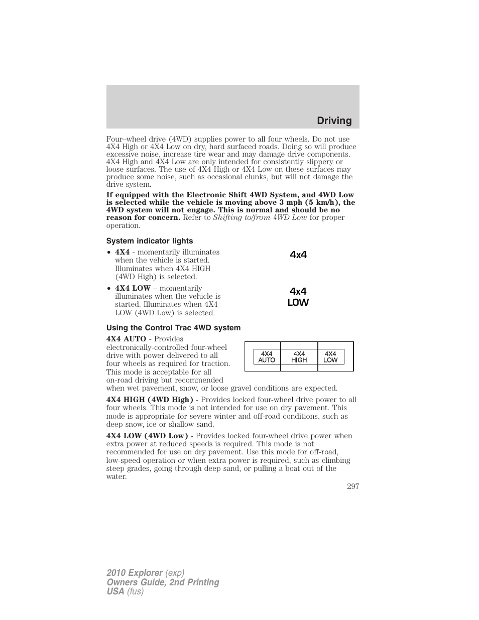 System indicator lights, Using the control trac 4wd system, Driving | FORD 2010 Explorer v.2 User Manual | Page 297 / 406