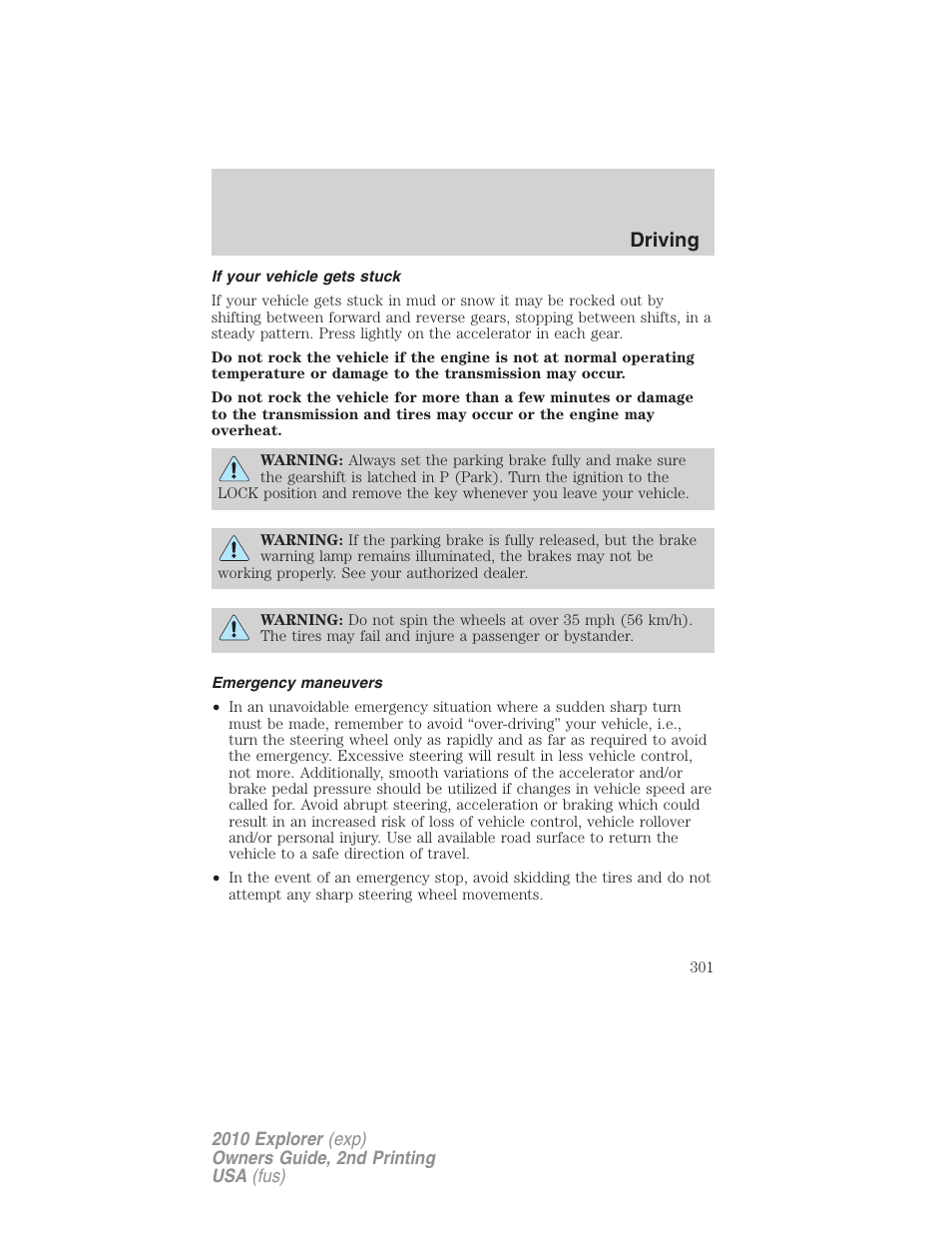 If your vehicle gets stuck, Emergency maneuvers, Driving | FORD 2010 Explorer v.2 User Manual | Page 301 / 406