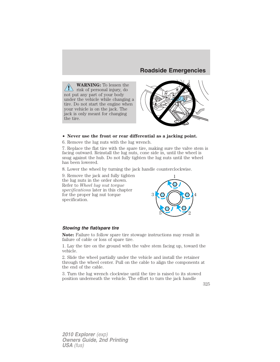 Stowing the flat/spare tire, Roadside emergencies | FORD 2010 Explorer v.2 User Manual | Page 325 / 406