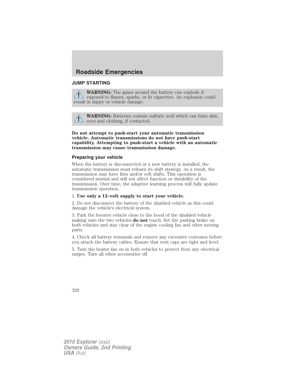 Jump starting, Preparing your vehicle, Roadside emergencies | FORD 2010 Explorer v.2 User Manual | Page 328 / 406