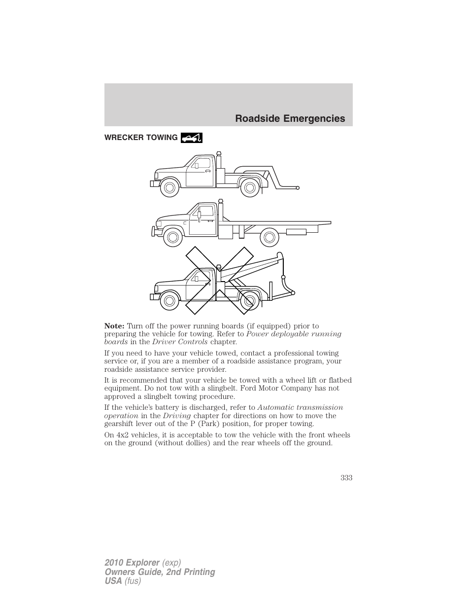 Wrecker towing, Roadside emergencies | FORD 2010 Explorer v.2 User Manual | Page 333 / 406