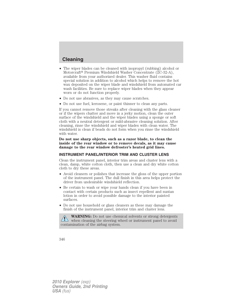 Instrument panel/interior trim and cluster lens, Cleaning | FORD 2010 Explorer v.2 User Manual | Page 346 / 406