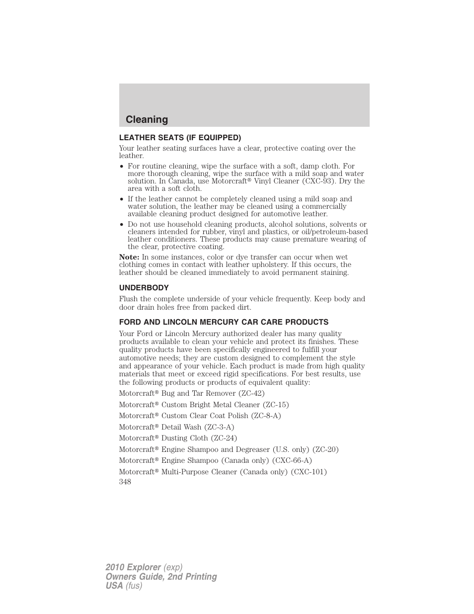 Leather seats (if equipped), Underbody, Ford and lincoln mercury car care products | Cleaning | FORD 2010 Explorer v.2 User Manual | Page 348 / 406