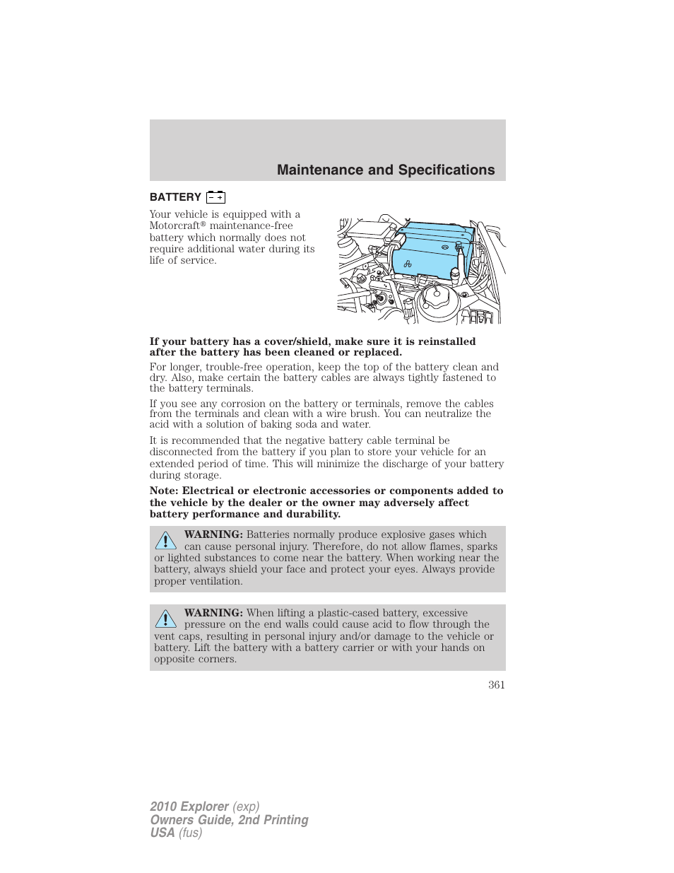 Battery, Maintenance and specifications | FORD 2010 Explorer v.2 User Manual | Page 361 / 406