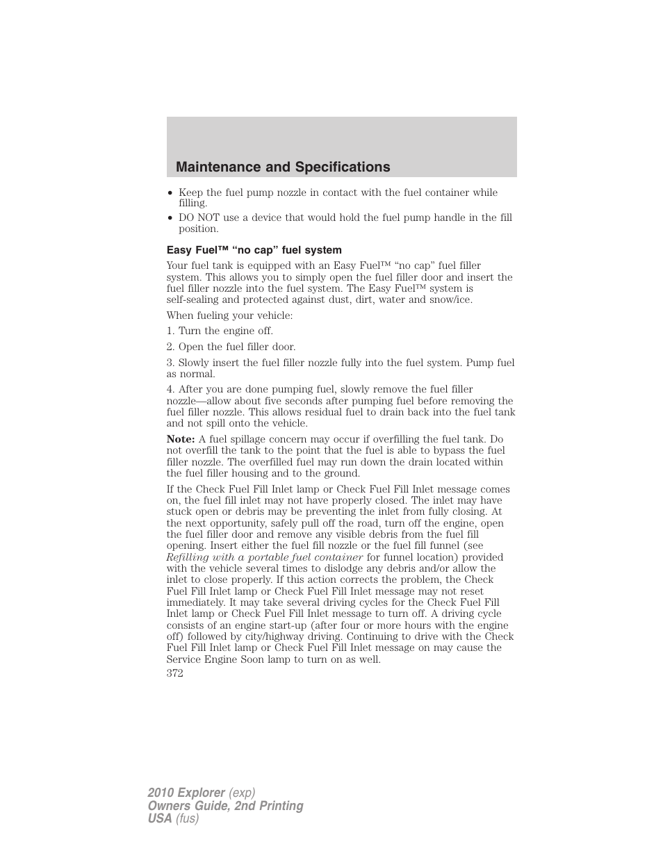 Easy fuel™ “no cap” fuel system, Maintenance and specifications | FORD 2010 Explorer v.2 User Manual | Page 372 / 406