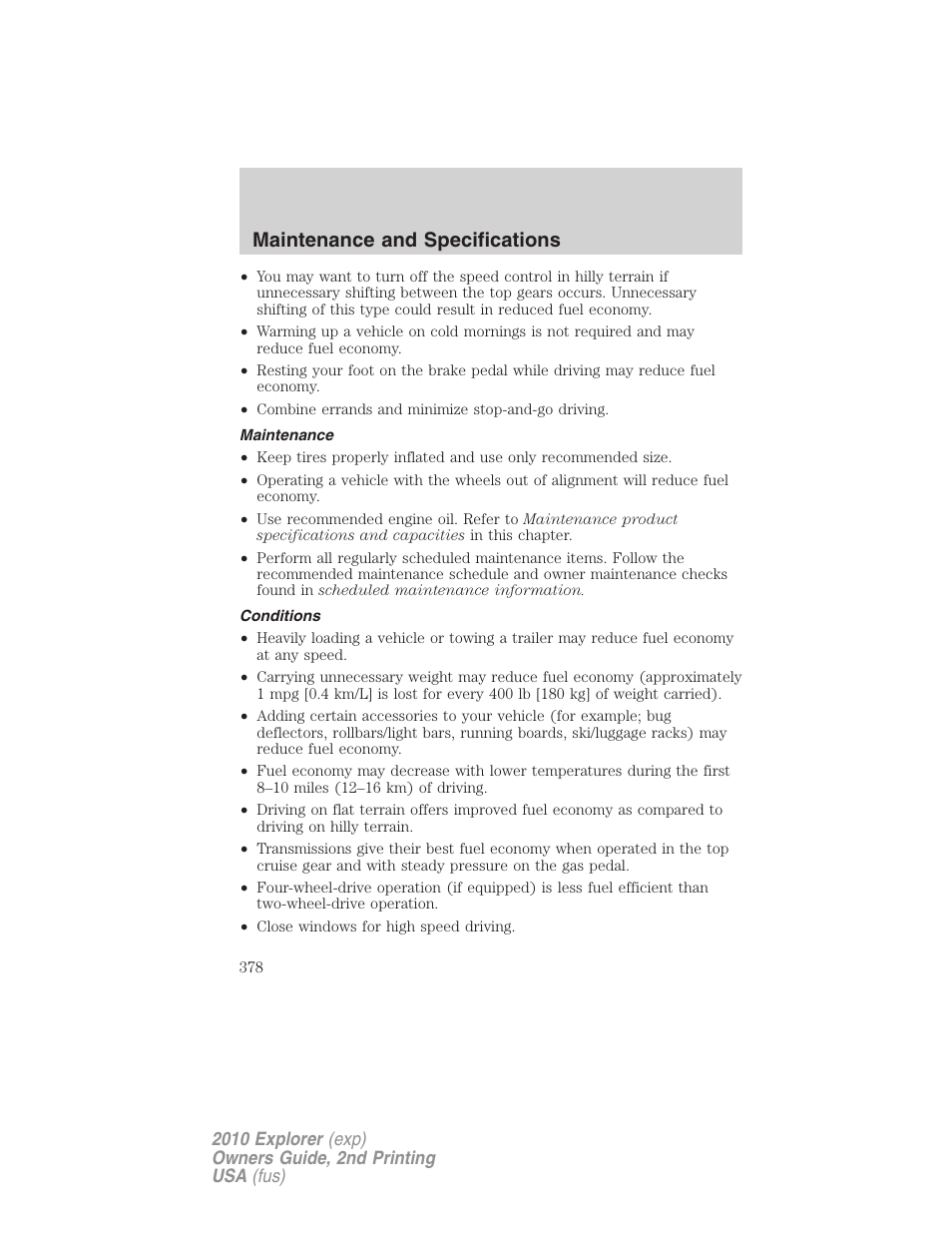 Maintenance, Conditions, Maintenance and specifications | FORD 2010 Explorer v.2 User Manual | Page 378 / 406