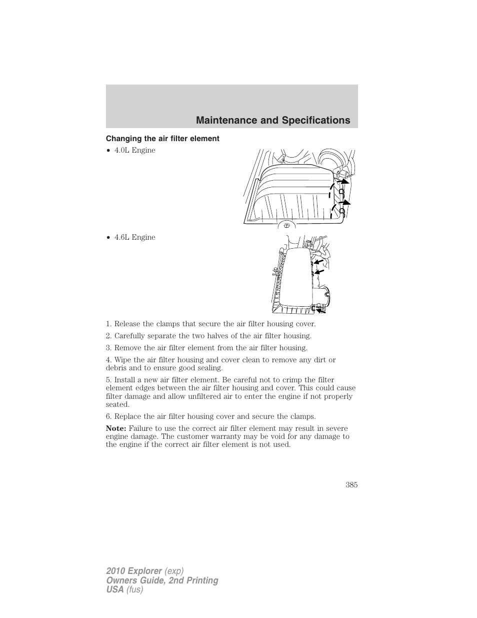 Changing the air filter element, Maintenance and specifications | FORD 2010 Explorer v.2 User Manual | Page 385 / 406