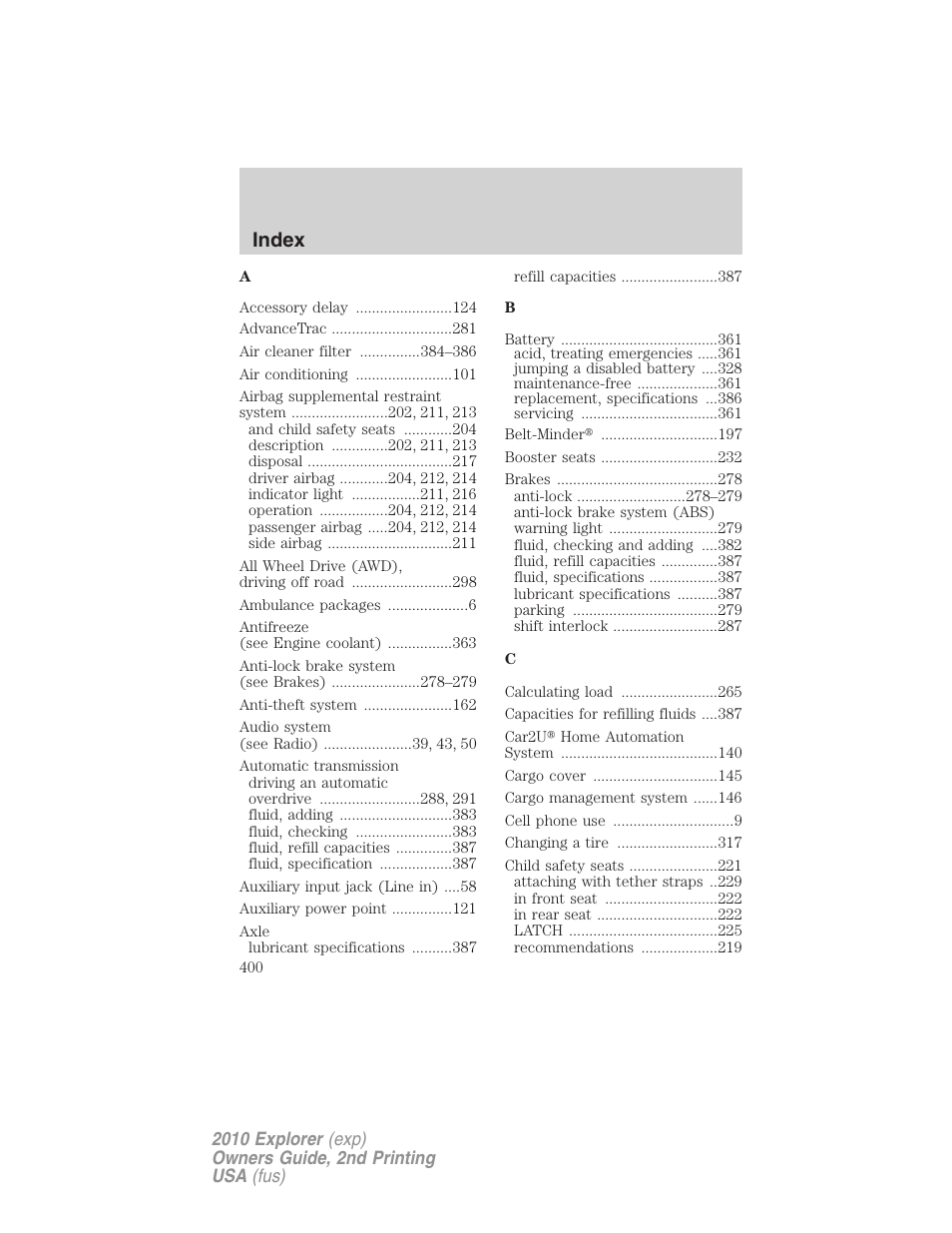 Index | FORD 2010 Explorer v.2 User Manual | Page 400 / 406