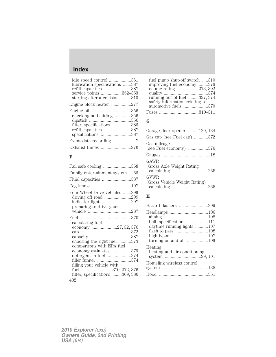 Index | FORD 2010 Explorer v.2 User Manual | Page 402 / 406