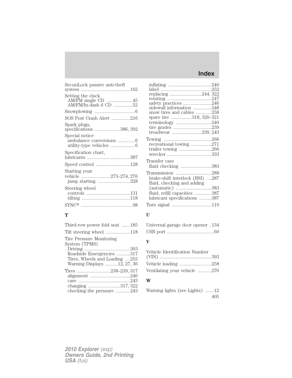 Index | FORD 2010 Explorer v.2 User Manual | Page 405 / 406