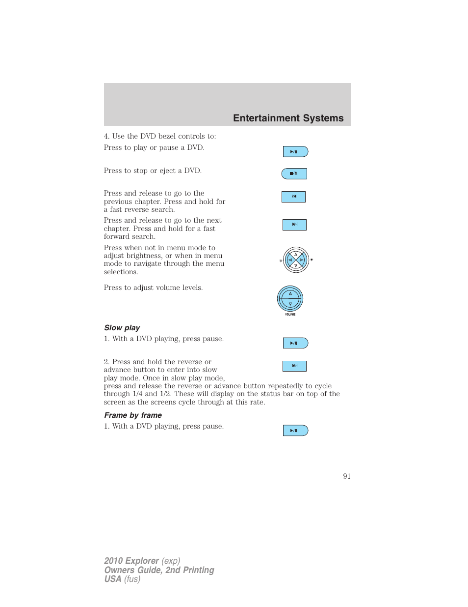 Slow play, Frame by frame, Entertainment systems | FORD 2010 Explorer v.2 User Manual | Page 91 / 406