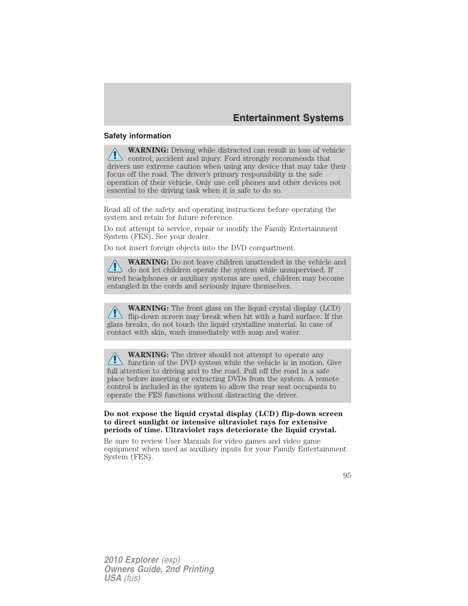 Safety information, Entertainment systems | FORD 2010 Explorer v.2 User Manual | Page 95 / 406