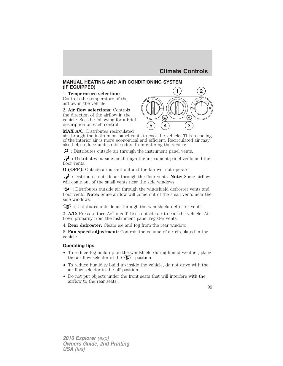 Climate controls, Operating tips, Manual heating and air conditioning | FORD 2010 Explorer v.2 User Manual | Page 99 / 406