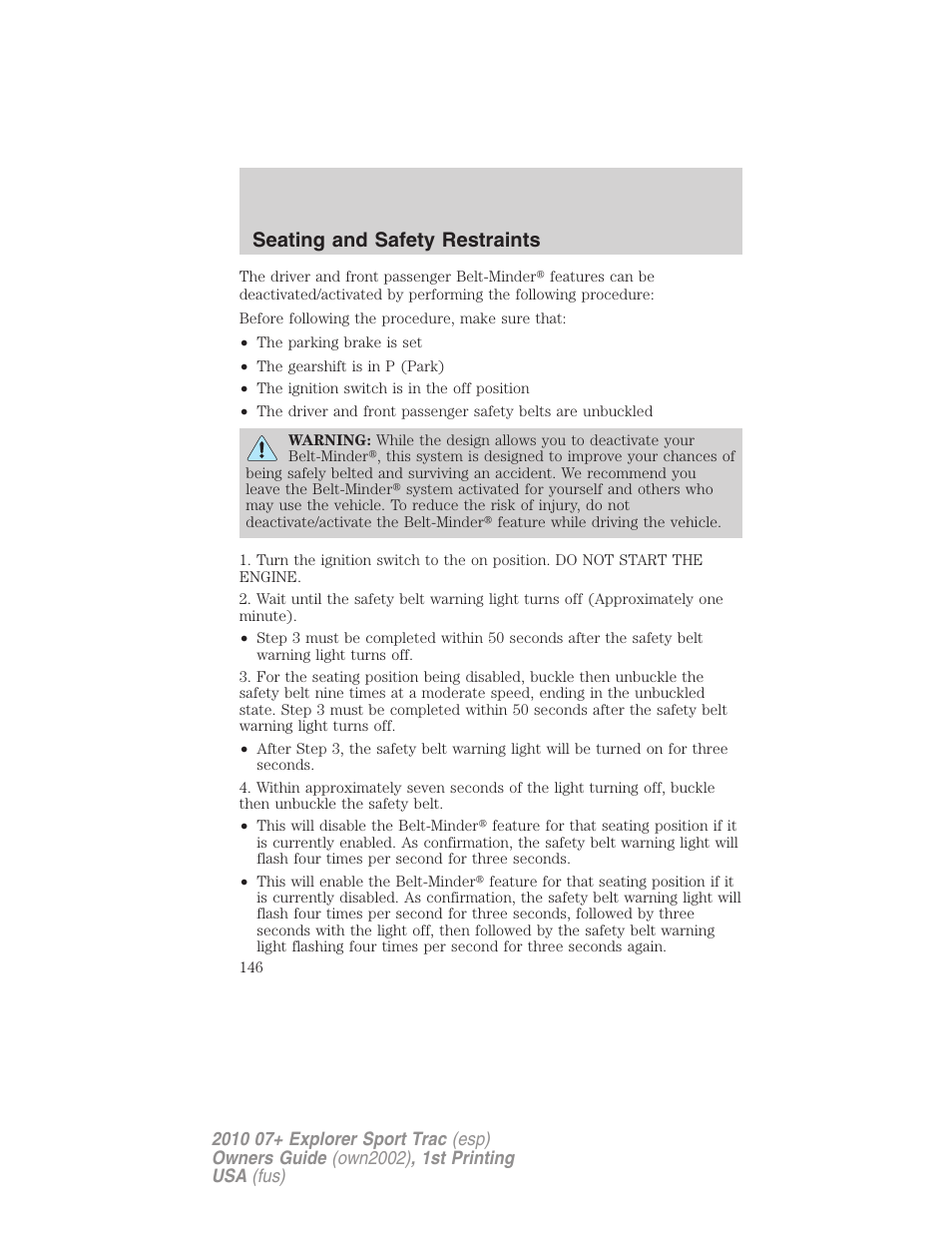 Seating and safety restraints | FORD 2010 Explorer Sport Trac User Manual | Page 146 / 344