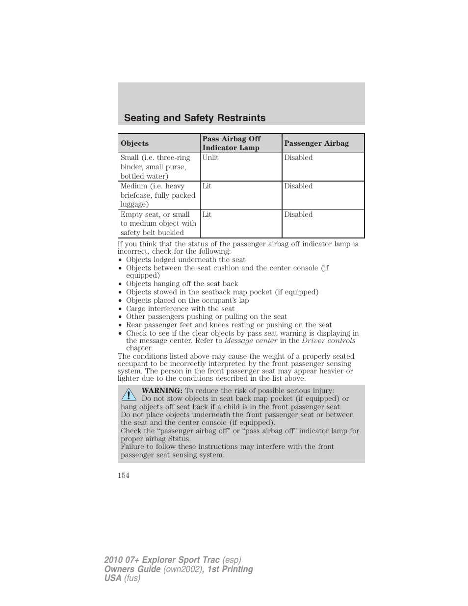 Seating and safety restraints | FORD 2010 Explorer Sport Trac User Manual | Page 154 / 344
