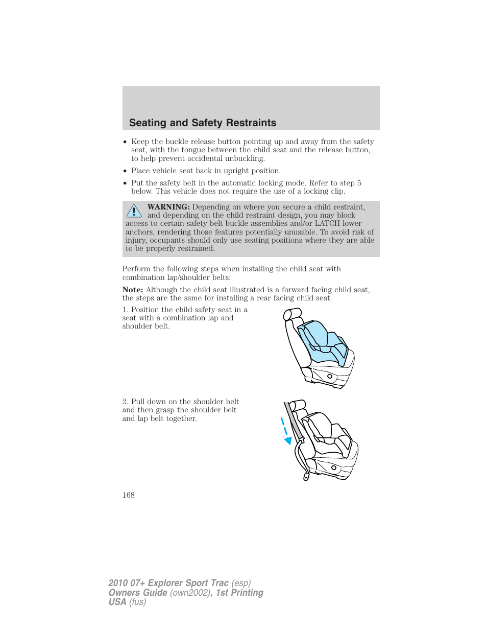 Seating and safety restraints | FORD 2010 Explorer Sport Trac User Manual | Page 168 / 344
