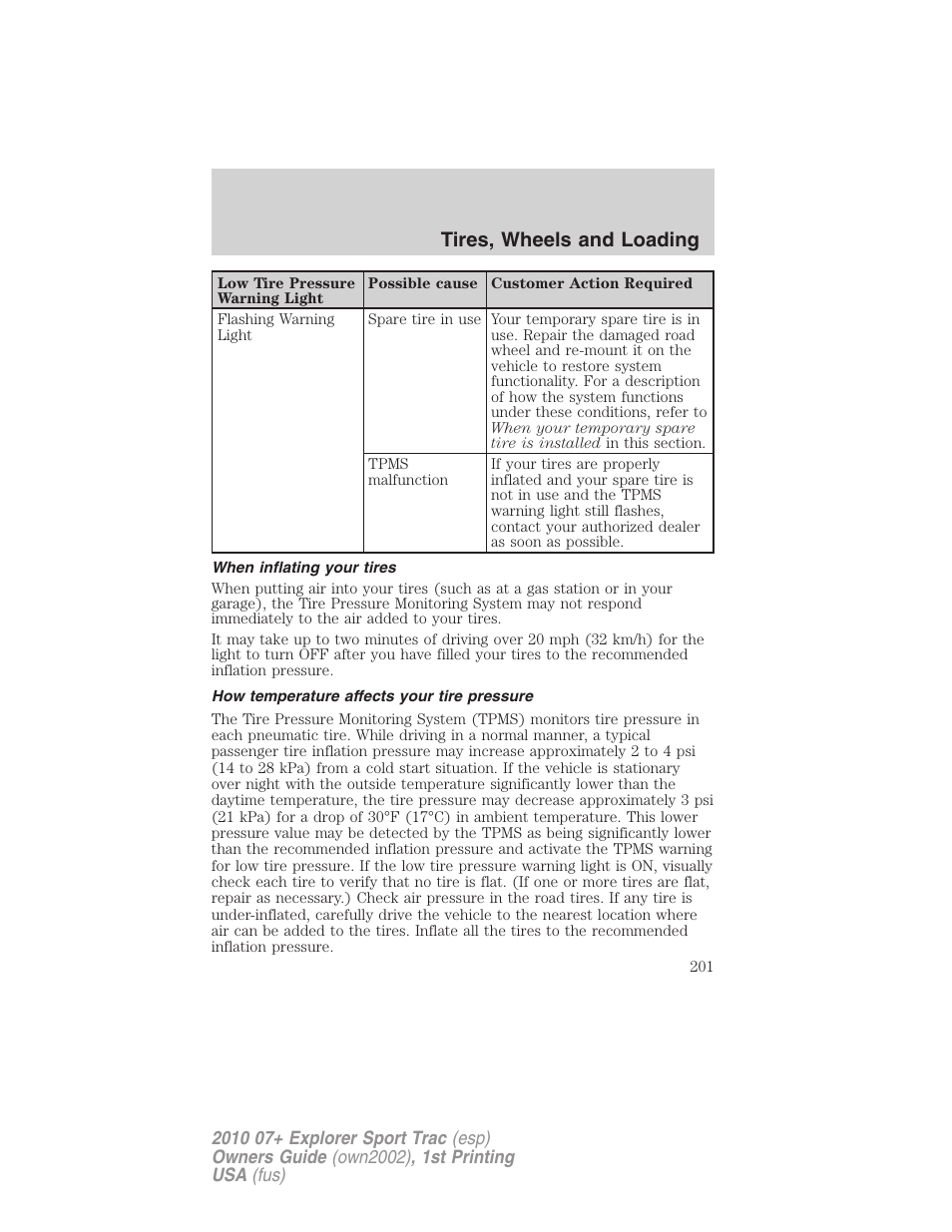 When inflating your tires, How temperature affects your tire pressure, Tires, wheels and loading | FORD 2010 Explorer Sport Trac User Manual | Page 201 / 344