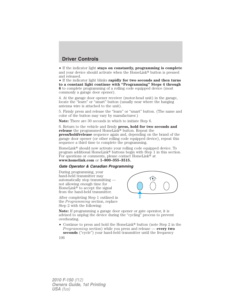 Gate operator & canadian programming, Driver controls | FORD 2010 F-150 v.1 User Manual | Page 106 / 419