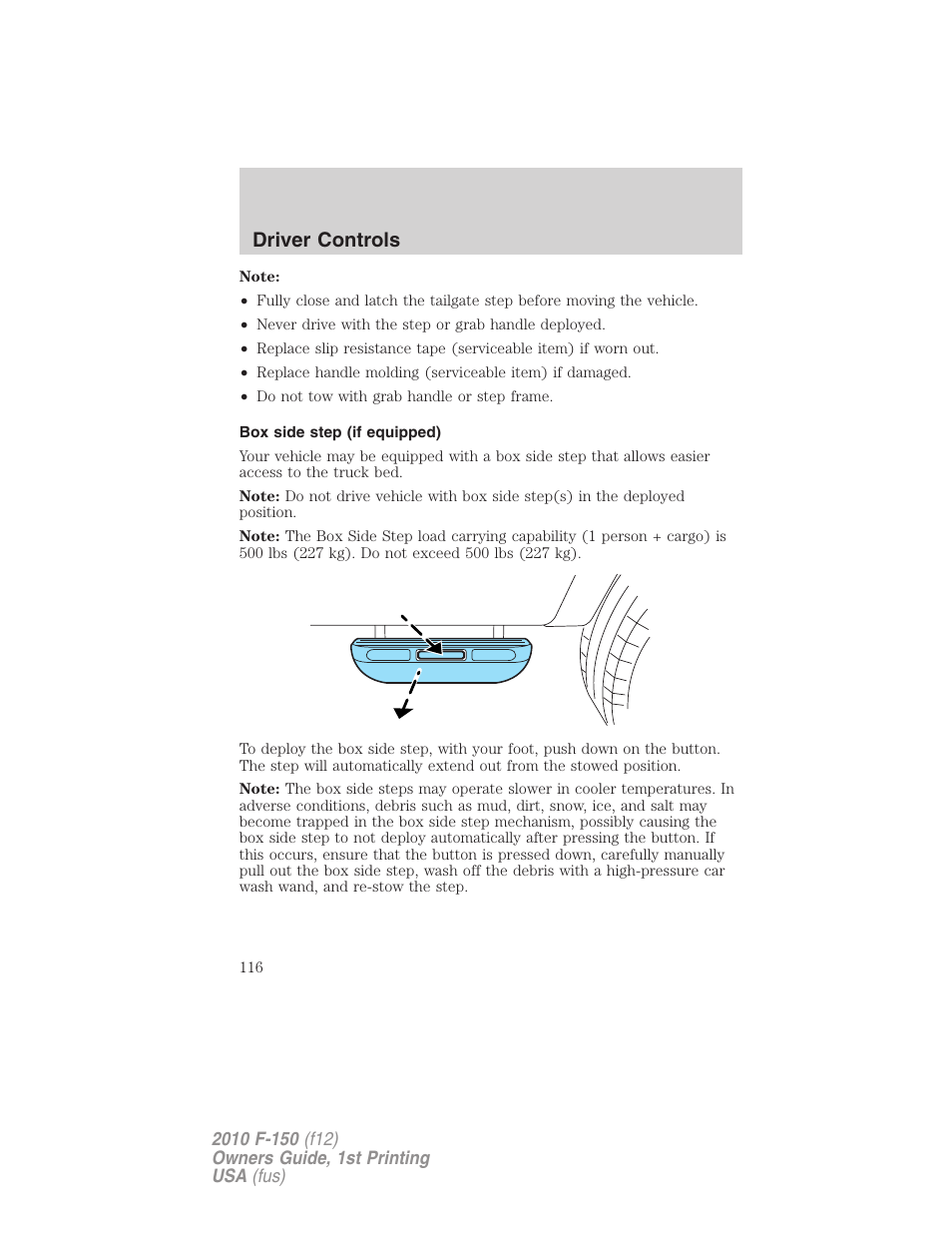 Box side step (if equipped), Driver controls | FORD 2010 F-150 v.1 User Manual | Page 116 / 419