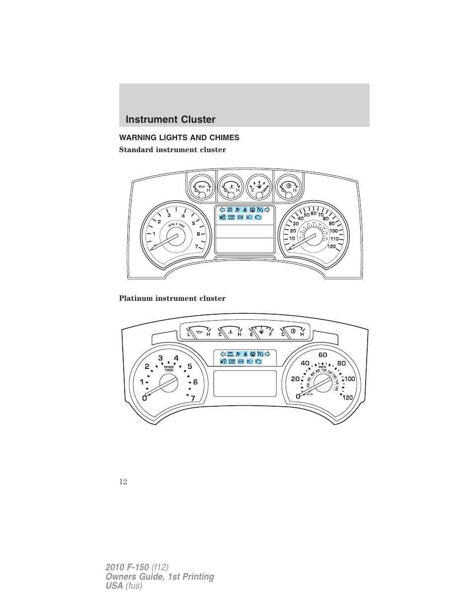 Instrument cluster, Warning lights and chimes | FORD 2010 F-150 v.1 User Manual | Page 12 / 419