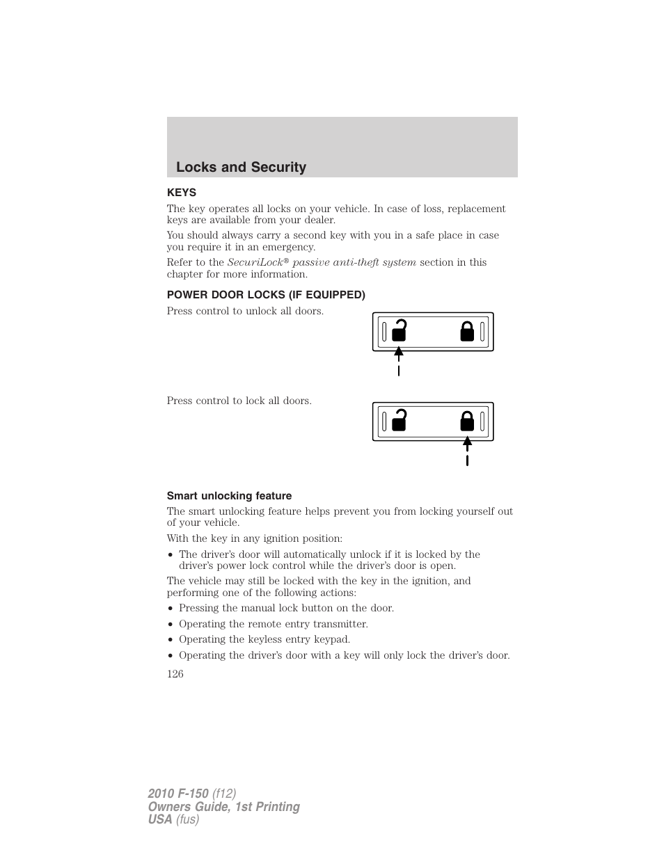 Locks and security, Keys, Power door locks (if equipped) | Smart unlocking feature, Locks | FORD 2010 F-150 v.1 User Manual | Page 126 / 419