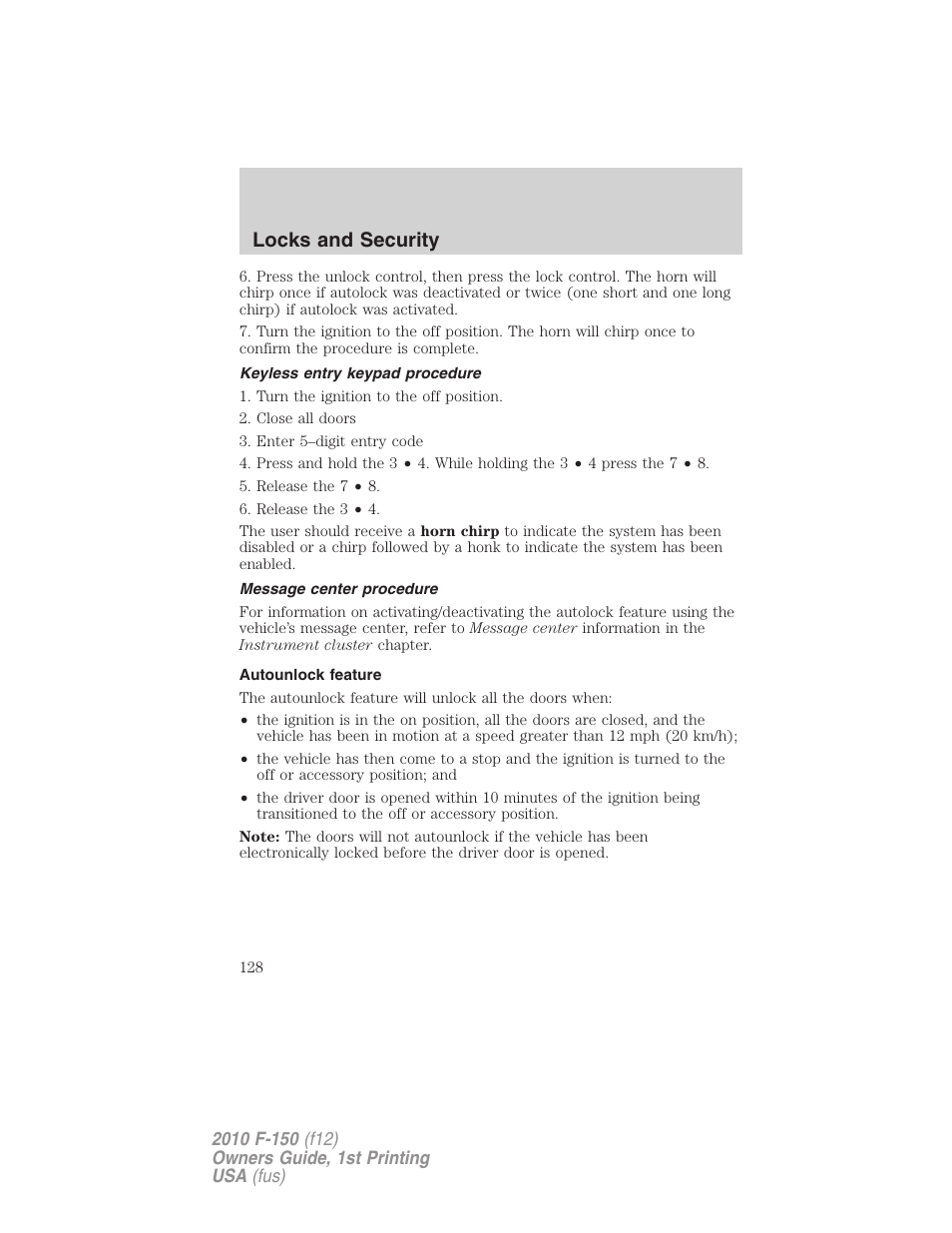 Keyless entry keypad procedure, Message center procedure, Autounlock feature | Locks and security | FORD 2010 F-150 v.1 User Manual | Page 128 / 419